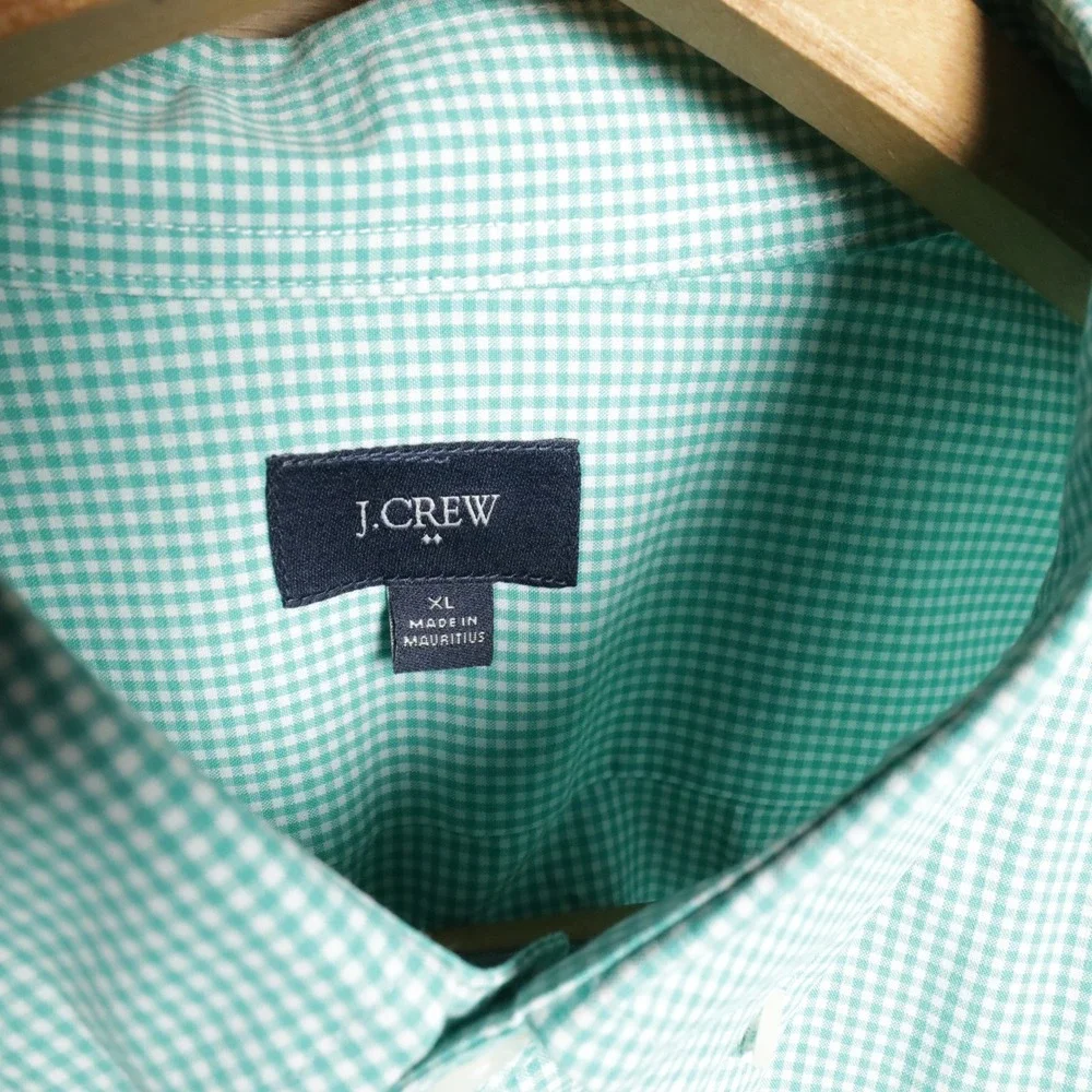 J. Crew Gingham‎ Button Down Shirt Long Sleeve Men XL Mint Green White Casual